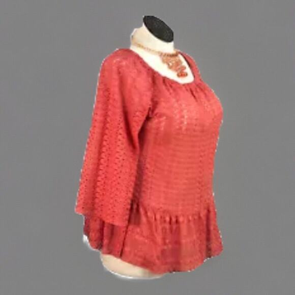 Crotchet Lace Coral Sz S Top Gathered Hem Orange Shirt Round Neckline 3/4 Sleeve - Picture 2 of 13